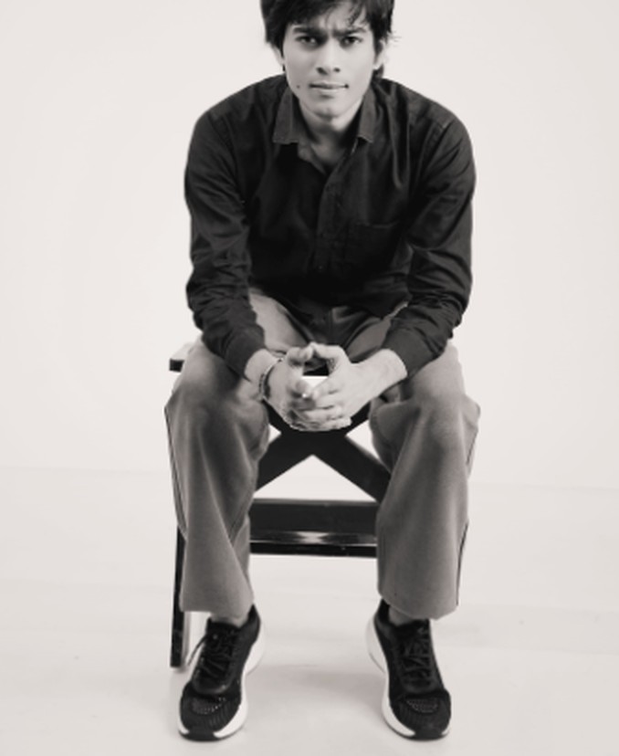 Black and white seated portrait